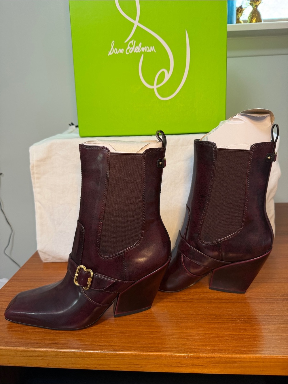 Sam Edelman Burgundy Leather Pointed Ankle Boots with Gold Buckle
